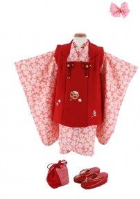 七五三 3歳女の子用被布[レトロシンプル](被布)赤に桜と毬(着物)ピンクに桜の総柄No.51H